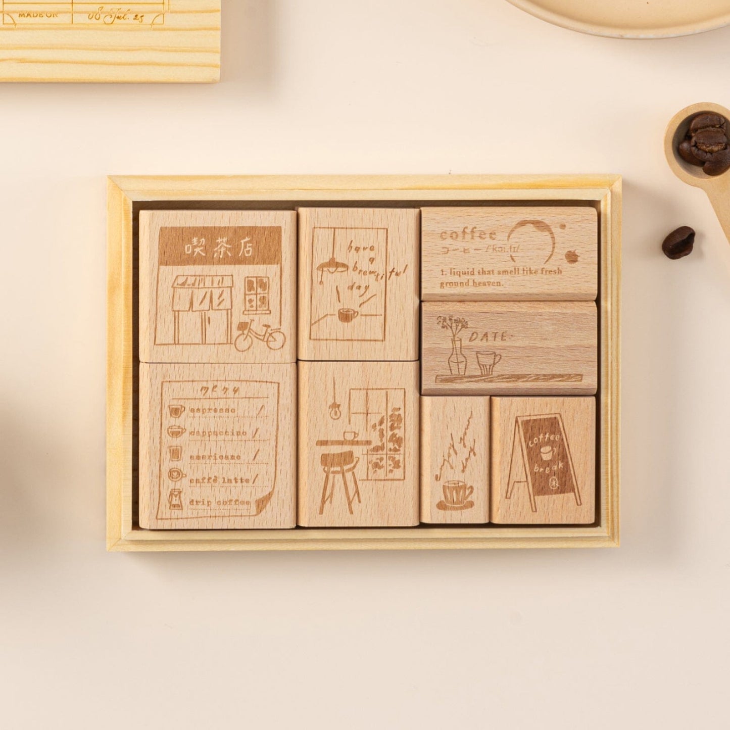Hinoki - ‘Into the Cafe' Engraved Wooden Stamps Set