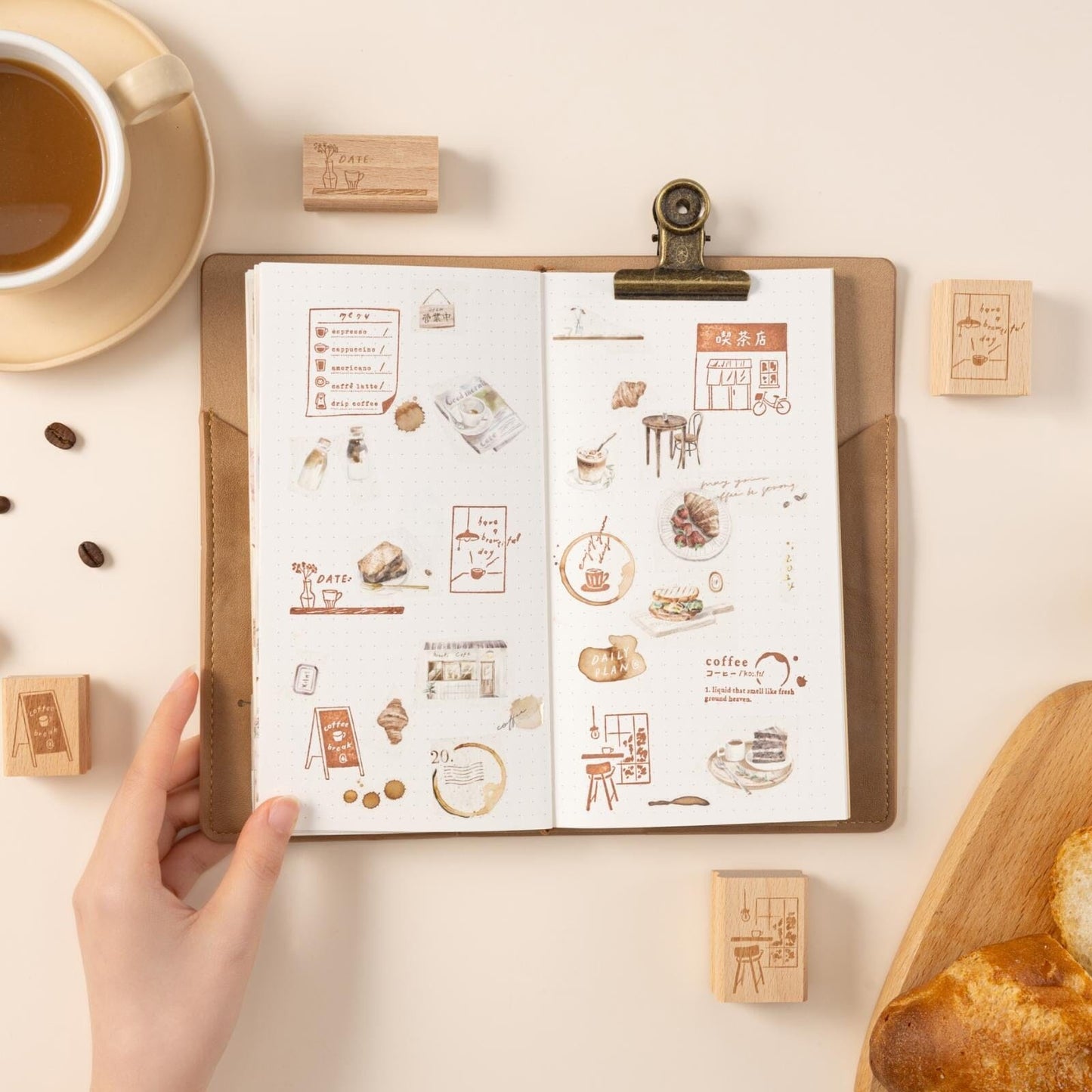 Hinoki - ‘Into the Cafe' Engraved Wooden Stamps Set