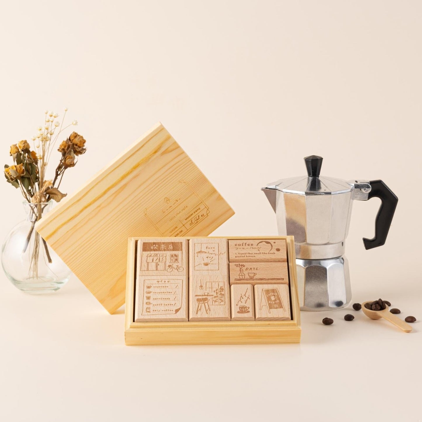 Hinoki - ‘Into the Cafe' Engraved Wooden Stamps Set