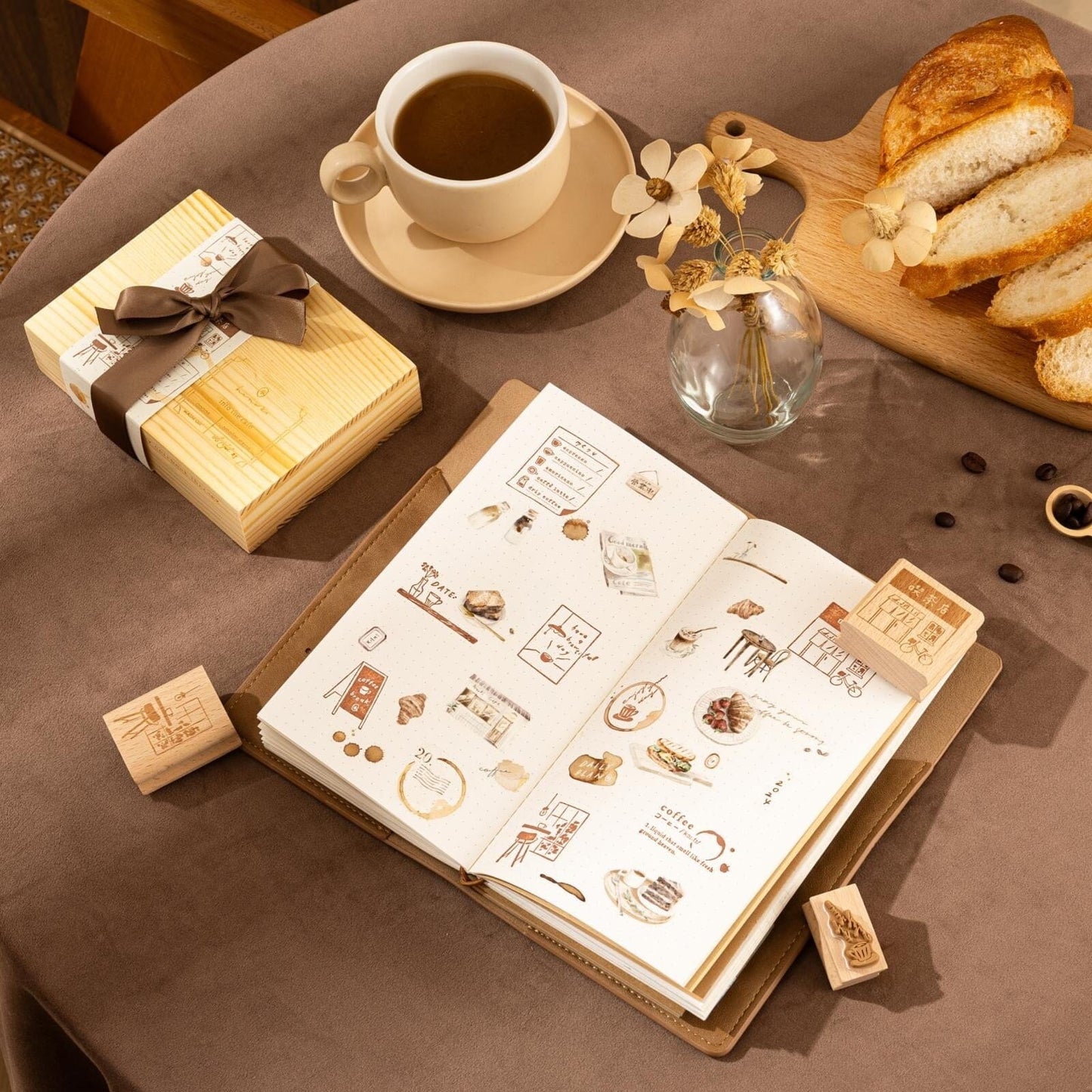 Hinoki - ‘Into the Cafe' Engraved Wooden Stamps Set